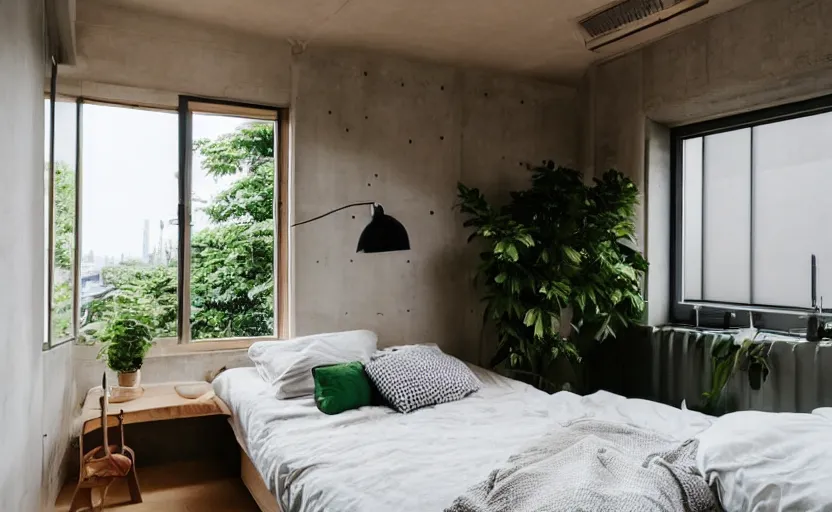 Image similar to a bright and cozy minimalist bedroom, white and pine wood, bed, cupboards, green potted plants, large window with a view of large concrete Japanese apartment blocks