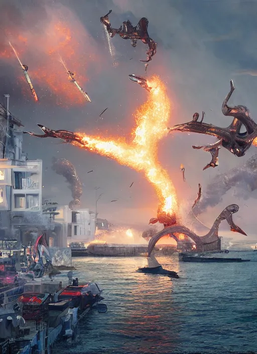 Image similar to hyper realistic squid robot attacking cape town city harbor explosions beautiful details, strong composition painted by kim jung giu weta studio rutkowski, james gurney and greg rutkowski, and lucasfilm