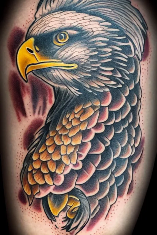 Prompt: traditional American tattoo of an eagle with a fish in its talons by Samuele Briganti