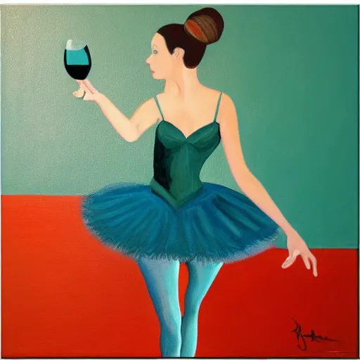 Image similar to square painting of a ballerina drinking wine in a teal room all on a red background