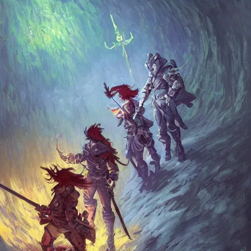 Prompt: A trio of paladin fairy protagonists with enchanted weapons are exploring the grimdarkest dungeon depths. trending on Pixiv. trending on ArtStation. A vibrant digital oil painting. A highly detailed fantasy character illustration by Wayne Reynolds and Charles Monet and Gustave Dore and Carl Critchlow and Bram Sels