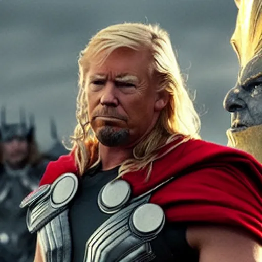 Image similar to Donald Trump as Thor the god of thunder, avengers film still