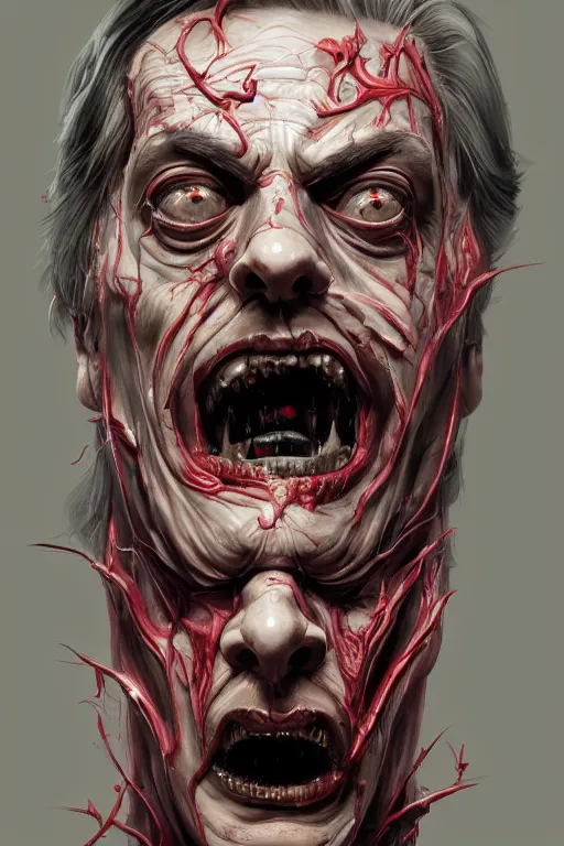 Prompt: Portrait of Steve Buscemi face as symbiote Carnage, red, marvel comics, dark, intricate, highly detailed, smooth, artstation, digital illustration by Ruan Jia and Mandy Jurgens and Artgerm and Wayne Barlowe and Greg Rutkowski and Zdislav Beksinski