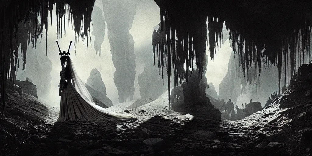 Image similar to a dead bride corpse lying in a dark cave bunad crown. radiant light, detailed and intricate environment, digital art, trending on art station kvlt by peder balke by peder balke by greg rutkowski, by guido crepax by norman bluhm by greg rutkowski mystic high contrast monochromatic noir