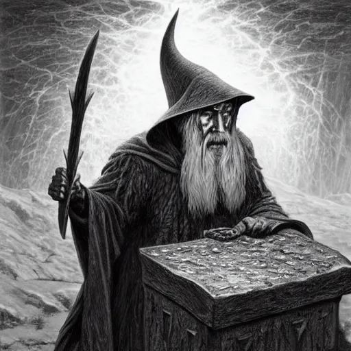 Image similar to the evil ian mckellen smithing on an anvil as gandalf in a dark viking hood playing odin all father crafting a neural network with golden synapses on an anvil with fire, highly detailed, cinematic shot, cinematic lighting, 8 k, exquisit facial detail, painting by gustave dore