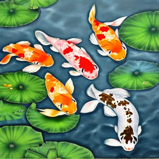 Image similar to seven koi fish in a pond with lily pads