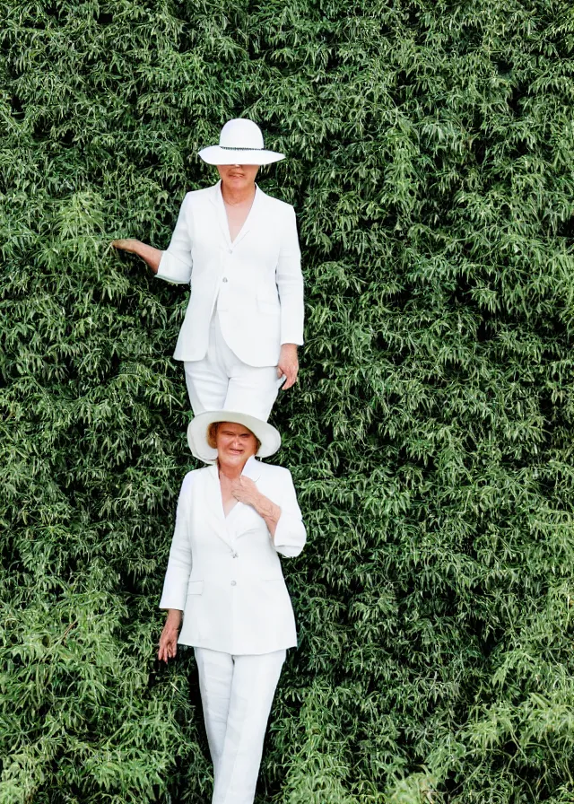 Prompt: photo of a woman in her fifties wearing a white linen trouser suit and panama hat, standing in a grassy hedge maze, 8 5 mm f / 1. 8, bokeh, backlit