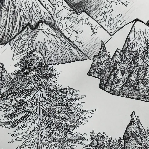 Image similar to mountains an trees in fantasy map style, high detailed drawing, drawing on wihte paper