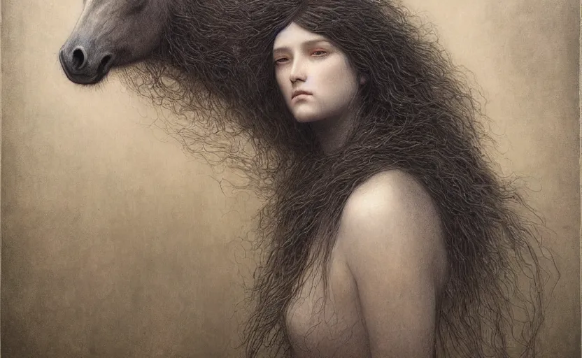 Image similar to horse bear hybrid character portrait by jean delville, tom bagshaw, brooke shaden, gustave dore and marco mazzoni, studio ghibli style, porcelain, organic, lifelike, detailed fur, intricate details