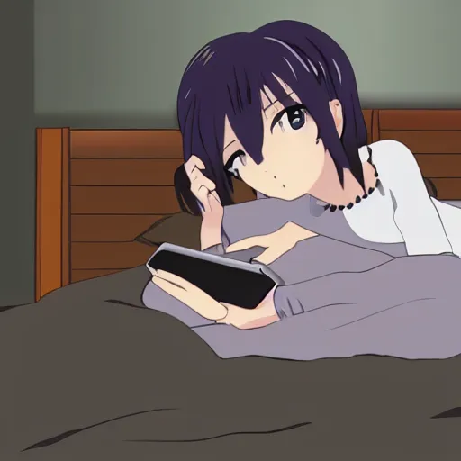 Prompt: girl in bed with phone in her hand before going to sleep, 2 d modern anime style