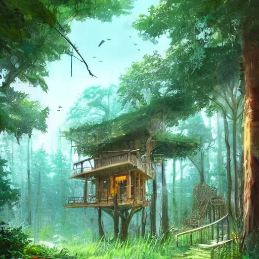 Image similar to concept art painting of treehouses made out of trees, walkways between trees, trees with doors and windows in a deep forest, realistic, detailed, cel shaded, in the style of makoto shinkai and greg rutkowski and james gurney