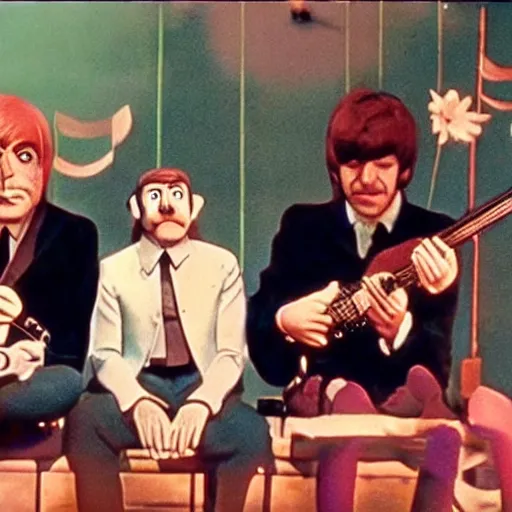 Image similar to stills from puppets movie by gerry anderson about the beatles, that band, vintage film, 1 9 6 0 s