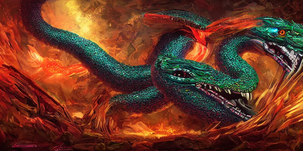 Image similar to Quetzalcoatl  the feathered serpent deity by Liam Wong and Boris Vallejo