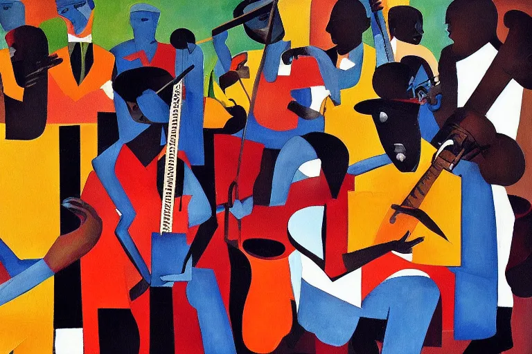 Image similar to a painting of a group of men playing instruments, an ultrafine detailed painting by romare bearden, behance, black arts movement, artwork, fauvism, academic art, large brush strokes, grainy texture