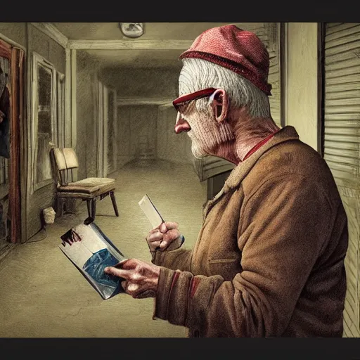 Prompt: grim, hyperrealistic portrait of where's waldo as a tired and grizzled old man on the run, looking for one last big score before he calls it quits. haunting, realistic digital painting with dark, dramatic lighting and severe grittiness.