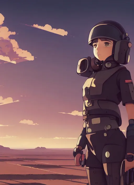 Prompt: panoramic view of cute pilot girl, black sky background, desert landscape, illustration concept art anime key visual trending pixiv fanbox by wlop and greg rutkowski and makoto shinkai and studio ghibli and kyoto animation, soldier clothing, military gear, fused mecha parts, rule of thirds