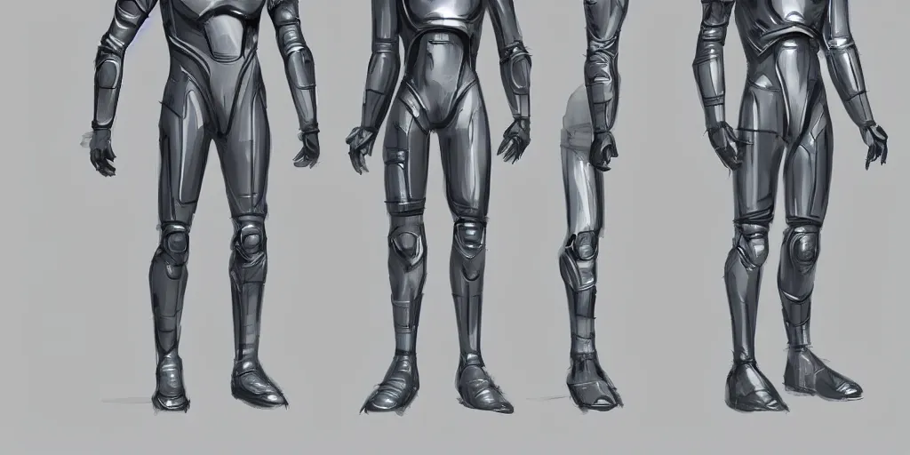 Image similar to male, science fiction space suit, character sheet, concept art, stylized, large shoulders, large torso, long thin legs, exaggerated proportions, concept design