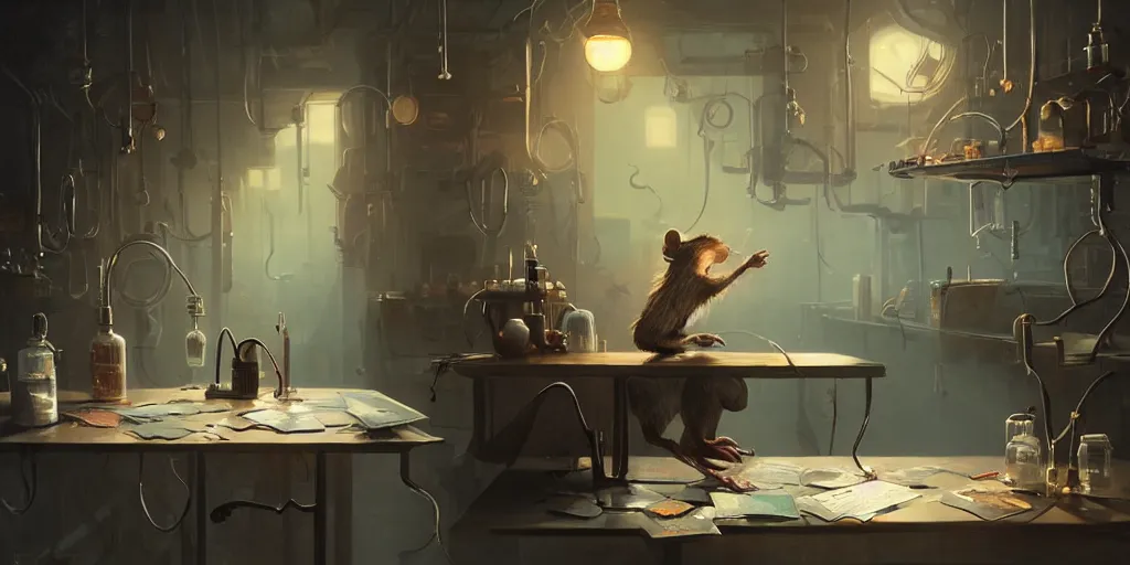 Image similar to humanoid rat in a laboratory sitting at a desk with lots of flasks filled with magic liquids and poisonous fog, stephen bliss, unreal engine, fantasy art by greg rutkowski, loish, rhads, ferdinand knab, ilya kuvshinov, rossdraws, tom bagshaw, global illumination, radiant soft light, detailed and intricate environment