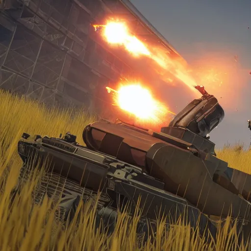 Image similar to a high resolution very detailed image of a 2 wielding a rocket launcher in russian tank boss fight from nier : automata in yellow rye field under pure blue skies