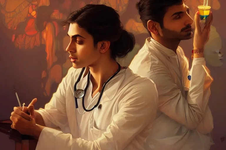 Image similar to Anxious good looking pale young Indian doctors drinking, portrait, elegant, intricate, digital painting, artstation, concept art, smooth, sharp focus, illustration, art by artgerm and greg rutkowski and alphonse mucha