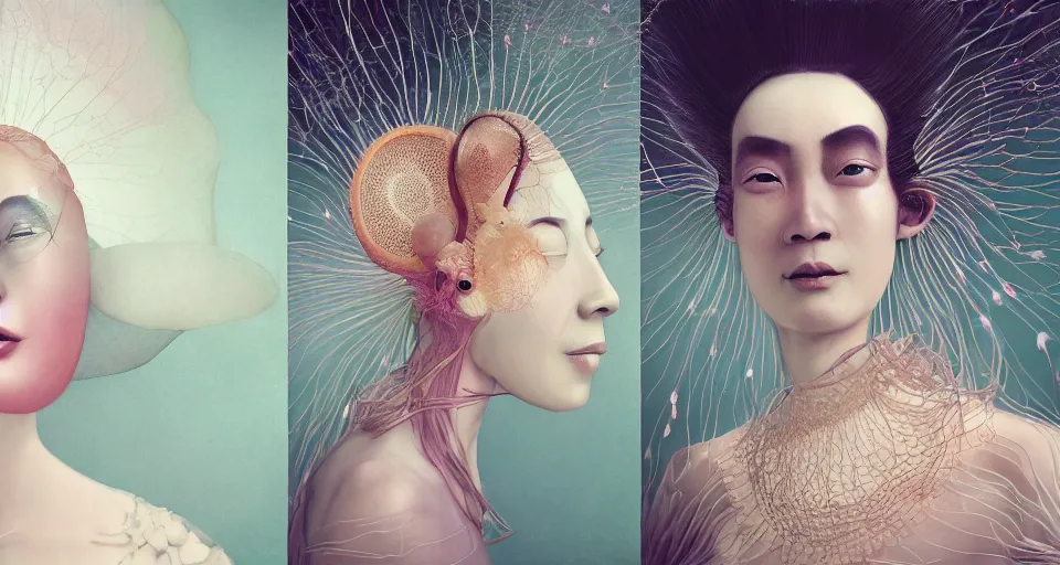 Image similar to closeup shot of asian female wearing a luminous soft fragile jelly fish dress, symmetrical face, by ray caesar, by louise dahl wolfe, by andrea kowch, by anna claren, surreal photography