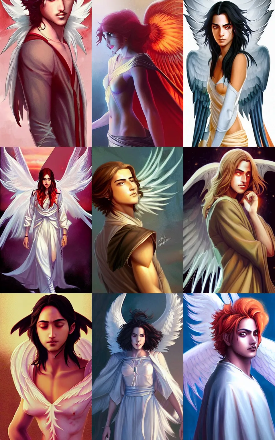 Prompt: Avan Jogia as an angel. Large orange-feather wings. Character design by charlie bowater, ross tran, artgerm, and makoto shinkai, detailed, inked, western comic book art, 2021 award winning painting