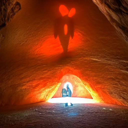 Prompt: photo of a giant orange colored glowing transparent humanoid of one thousand feet standing next to a building inside a cave