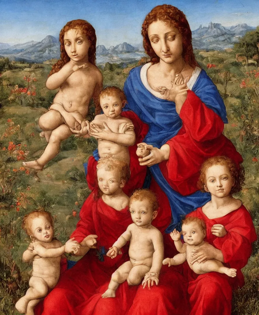 Image similar to Detailed Portrait of Madonna, curly red hair red shirt blue cloth, with infant Jesus, holding a thin cross and talking with another boy in front in the style of Raffael. They are sitting in a dried out meadow trees near Florence tuscany, red poppy in the field. The horizon is blue, there is a blue lake with a town and blue mountains. Flat perspective.