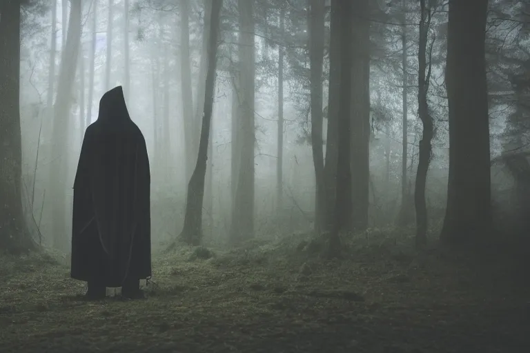 Prompt: a close shot of a grim reaper standing in a forest, detailed, style of flooko, mythical, mist, depressing, tired, dark, lush, nature, mist, mystery, glows, somber, dismal, fog, heavy fog, dark lighting, rim light, glow, ambient light, cybernetic, sci-fi,