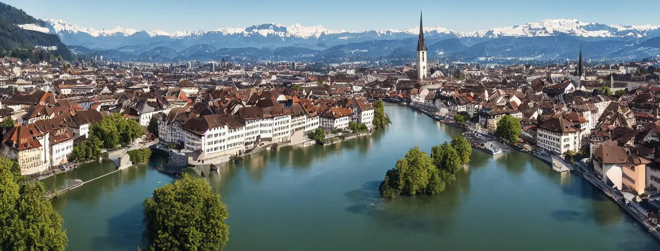 Image similar to Photo of Zurich, looking down the Limmat at the lake and the alps, Hardturm, Grossmünster, Lindenhof, Üetliberg, wide angle, volumetric light, hyperdetailed, light blue water, artstation, cgsociety, 8k