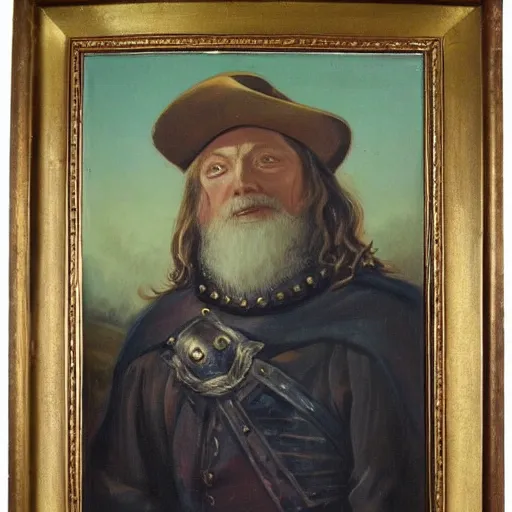 Image similar to 18th century oil painting of theoden king of rohan wearing sombrero realistic