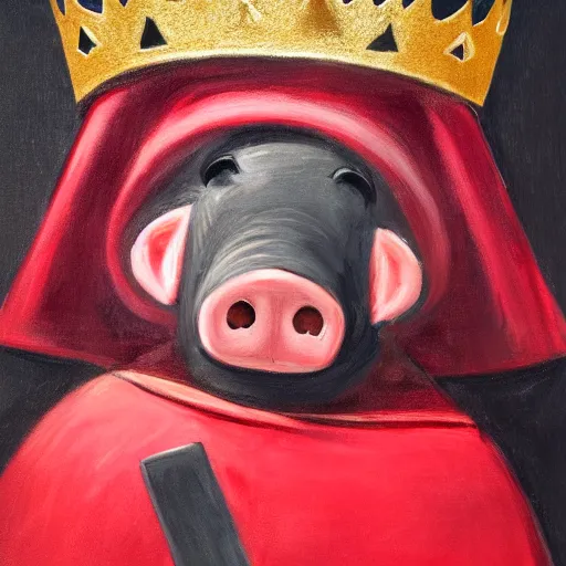 Image similar to a humanoid pig, wearing a crown, red cape and wielding a black axe, vivid colors, soft lighting, atmospheric, cinematic, moody, oil on canvas, 8 k