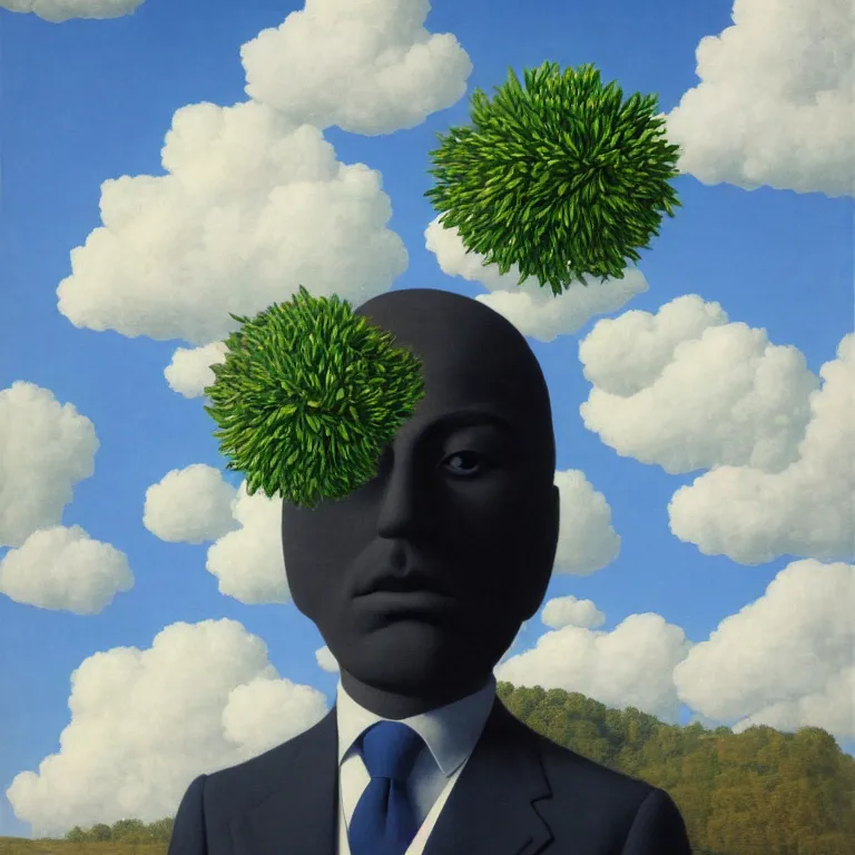Image similar to portrait of a faceless beautiful flower - head man in a suit, clouds in the background, by rene magritte, detailed painting, distance, centered, hd, hq, high resolution, high detail, 4 k, 8 k