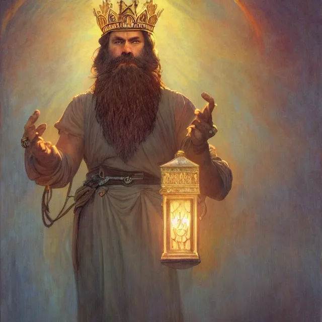 Image similar to an aesthetic! a detailed portrait of a man in a long beard, with a crown, holding a lantern with mountains of gold in the background, surrounded by his family, by frank frazetta and alphonse mucha, oil on canvas, art nouveau dungeons and dragons fantasy art, hd, god rays, ray tracing, crisp contour lines, huhd