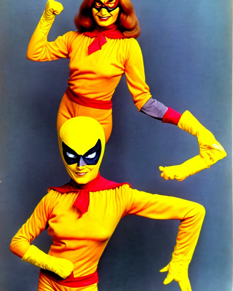 Image similar to new marvel superhero named captain marigold, not cropped, orange and yellow costume, 1 9 7 0 s photo