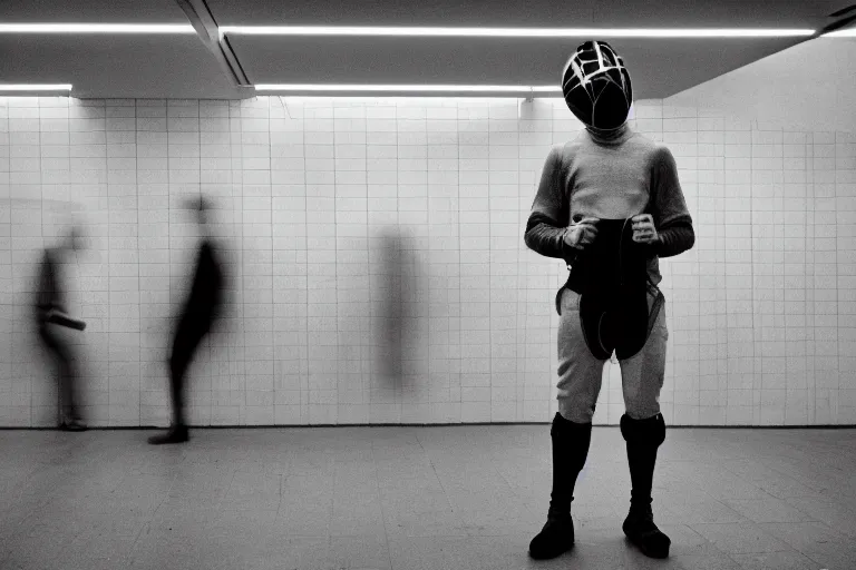 Prompt: fencers wearing fencing mask in subway, ominous lighting, richard avedon, tri - x pan