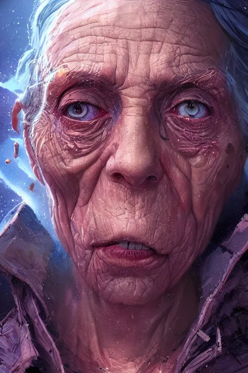 Image similar to the look of an elderly person full of wrinkles and imperfections, tornado by artgem and greg rutkowski, highly detailed, vivid colors, trippy, nebula, trending on artstation