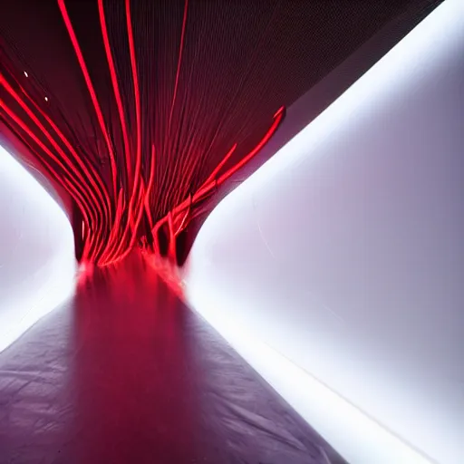 Image similar to zaha hadid design wrapped around by glowing tubes and cables, short black curly hair, glowing red