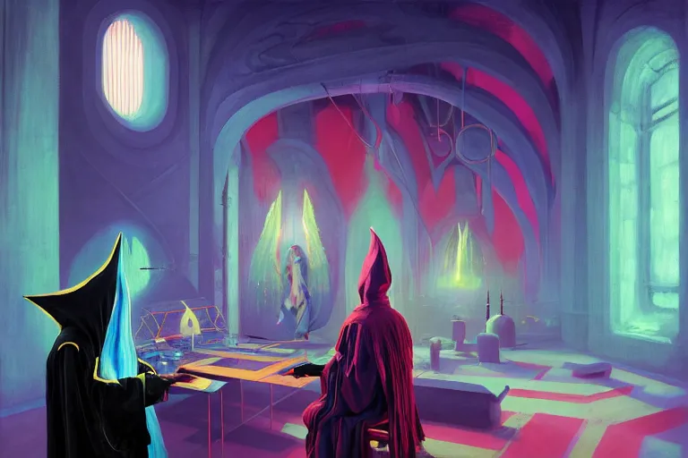 Image similar to A beautiful masterpiece painting of a technomancer wizard in robes with pointed hood discussing sentience with his synthesized Al djinn in his laboratory near a computer (by Remedios Varo and Anato Finnstark and Greg Rutkowski), (dayglo pink, dayglo blue, dazzle camouflage), 8k, trending on ArtStation