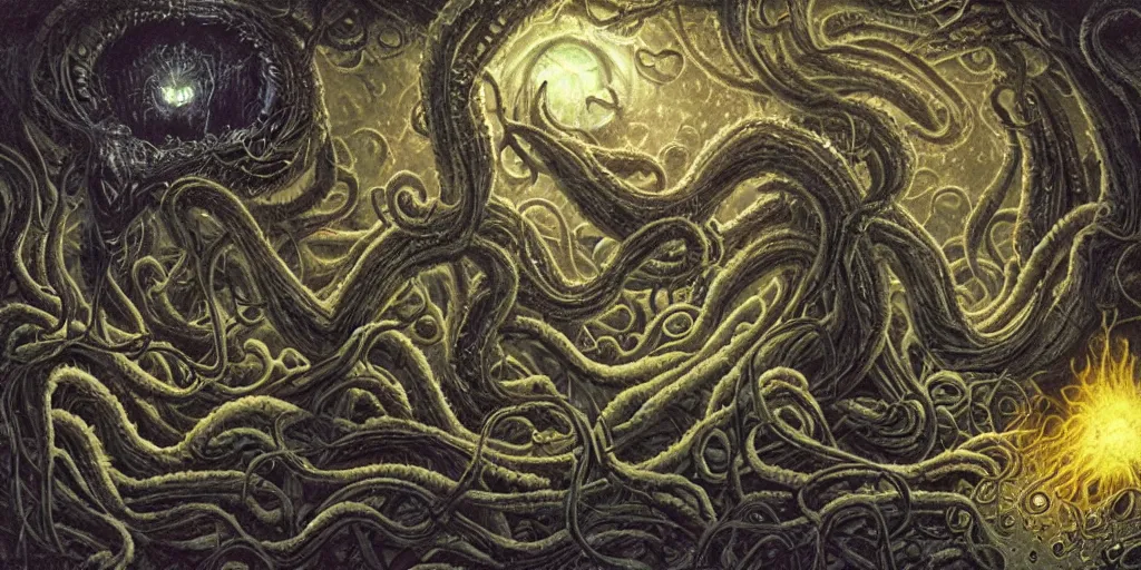 Prompt: elder god yog - sothoth lovecraftian h. p, terror, art by paulc carrick, dave carson, john coulthart, lee brown coye, h. r giger, stephen hickman, 8 k, hd, illumination, lighting, raytracting, dark, lovecraft, arkham, grotesque