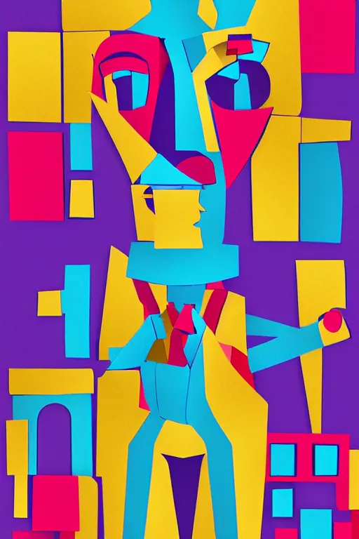 Image similar to cubist moai statue cutout digital illustration cartoon colorful beeple