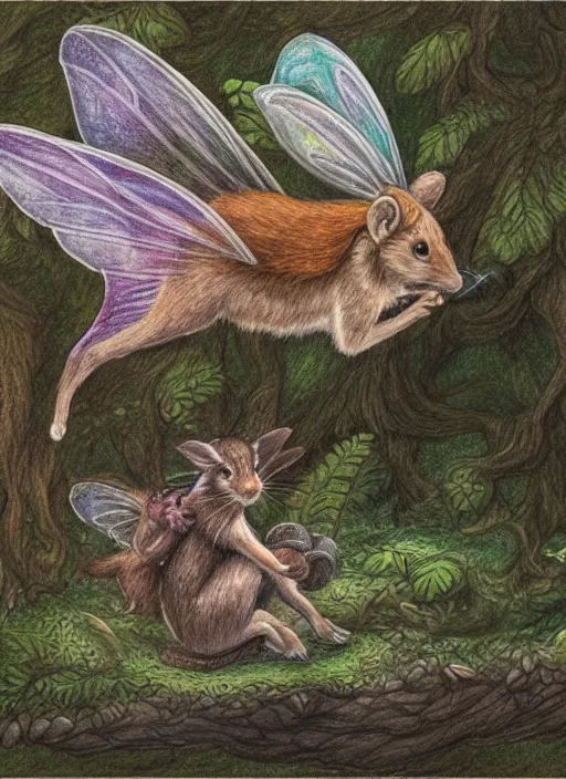 Prompt: detailed coloured pencil drawing of a faerie riding a dormouse in a forest glade, transparent wings, d & d, highly detailed, concept art, dramatic lighting