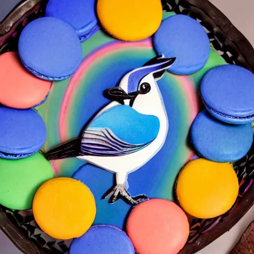 Image similar to A photograph of a (photorealistic blue jay) standing on a large basket of rainbow macarons.