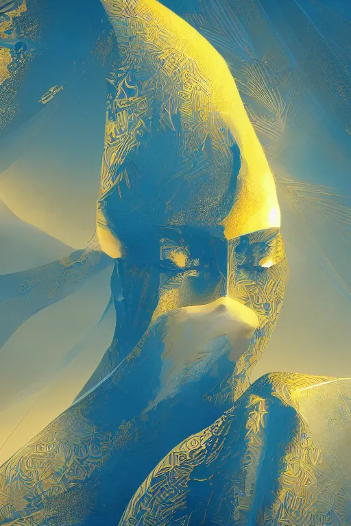 Image similar to art deco abstrct patterns, blue and gold, 8 k, powerfull, intricate, elegant, volumetric lighting, digital painting, highly detailed, artstation, sharp focus, illustration, concept art, ruan jia, steve mccurry, beksinski