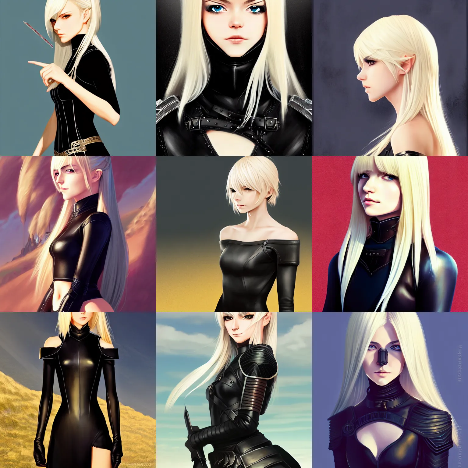 Prompt: realistic image of distance portrait a beautiful fantasy girl thief in her late 20s in black leather armor, light blonde shoulder-length hair, by Ilya Kuvshinov