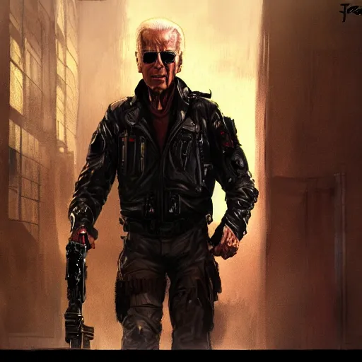 Image similar to joe biden as the terminator, dramatic lighting, cinematic, establishing shot, extremly high detail, photorealistic, cinematic lighting, artstation, style by James Gurney