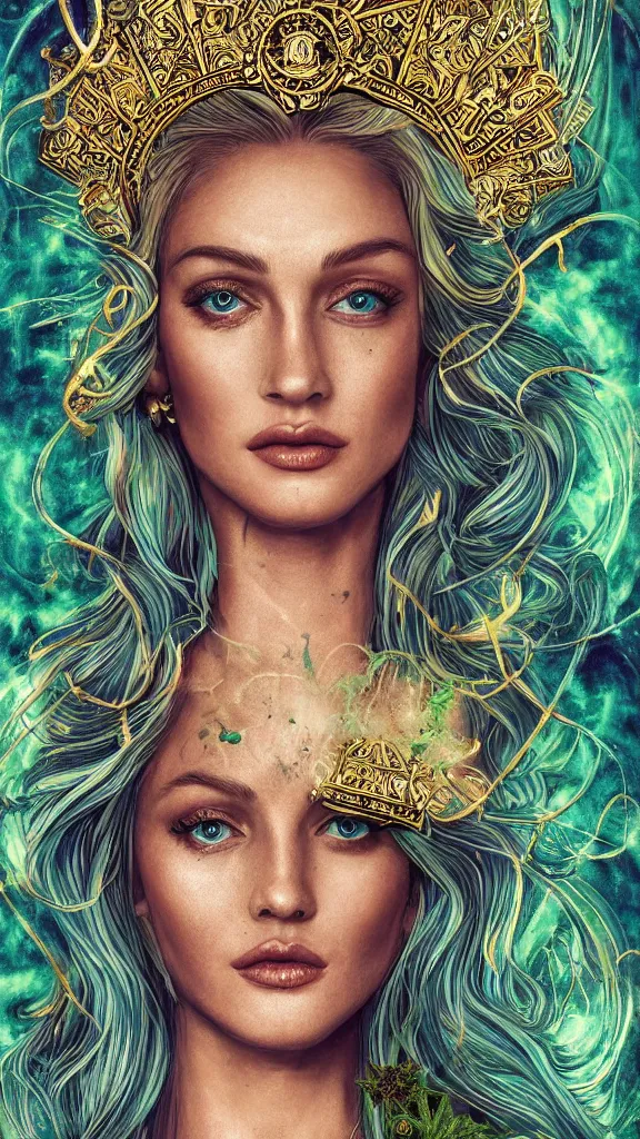 Image similar to Tarot card of the very beautiful Cannabis Goddess, miss universe, blonde hair, green eyes, highly detailed portrait, psychedelic, high fantasy, teal paper, smoke swirls, elaborate ornate, intricate details, mixed media, realistic composition, golden ratio, light from top, more darkness on bottom, high quality of sketching, octane render, 8k, by James Gilleard