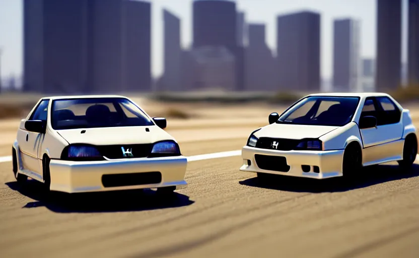 Prompt: photograph of a cell-shaded Honda EK9 Type-R with an anime girl, speeding on a desert road with a futuristic city in the horizon, kicking up dirt, action shot, one point perspective, 1-point perspective, tilt shift, sigma 85mm f/1.4, 4k, depth of field, high resolution, 4k, 8k, hd, full color