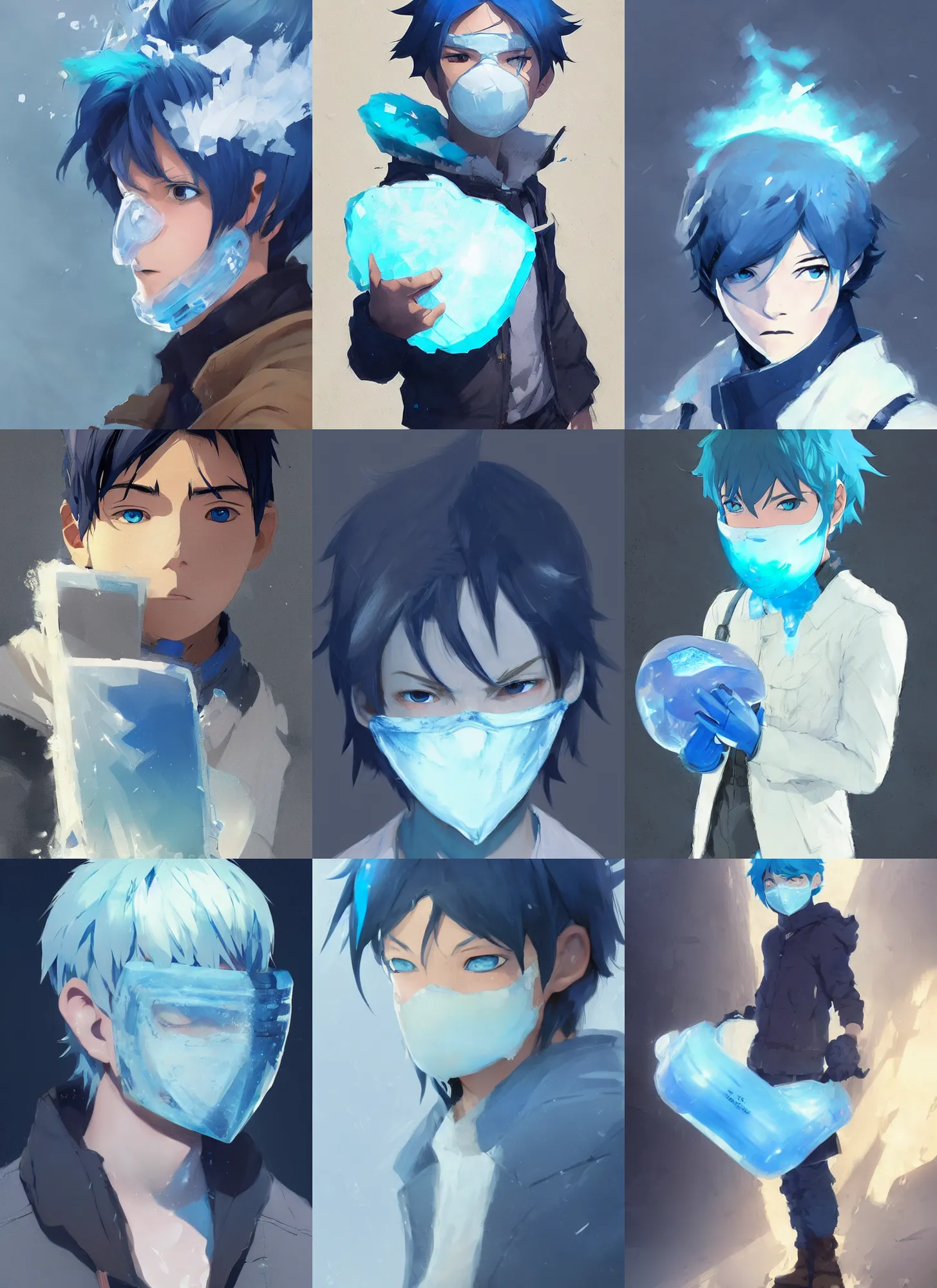 Prompt: boy with blue hair holding an ice mask, by makoto shinkai, greg rutkowski, artstation, high detailed, cgsociety,