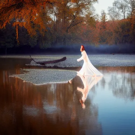 Image similar to a soaking wet ghostly woman in a white dress dancing in a quiet misty lake, high resolution photograph, late autumn, sunset, eerie light